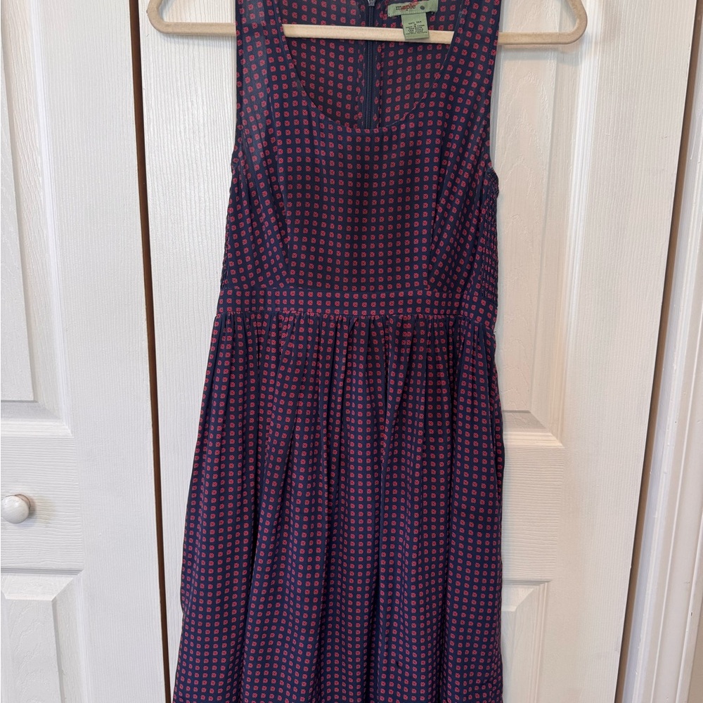 Maple 100% Silk Navy and Red Smock Waist Scoop Neck Sleeveless Dress size 2 - Picture 3 of 14